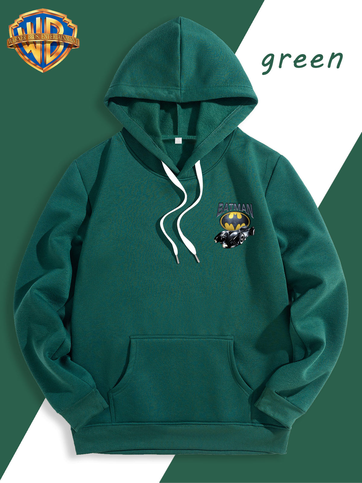 Batman Batmobile Print Hoodie, DC Movie Front-Back Print Loose Trendy Sweatshirt, Streetwear Casual Men'S Adjustable Drawstring Hoodie, Comfortable Casual Fall/Winter Wear, Fleece-Lined Warm, Suitable for Sports, Outdoor, Outings, Travel - Malachite Green
