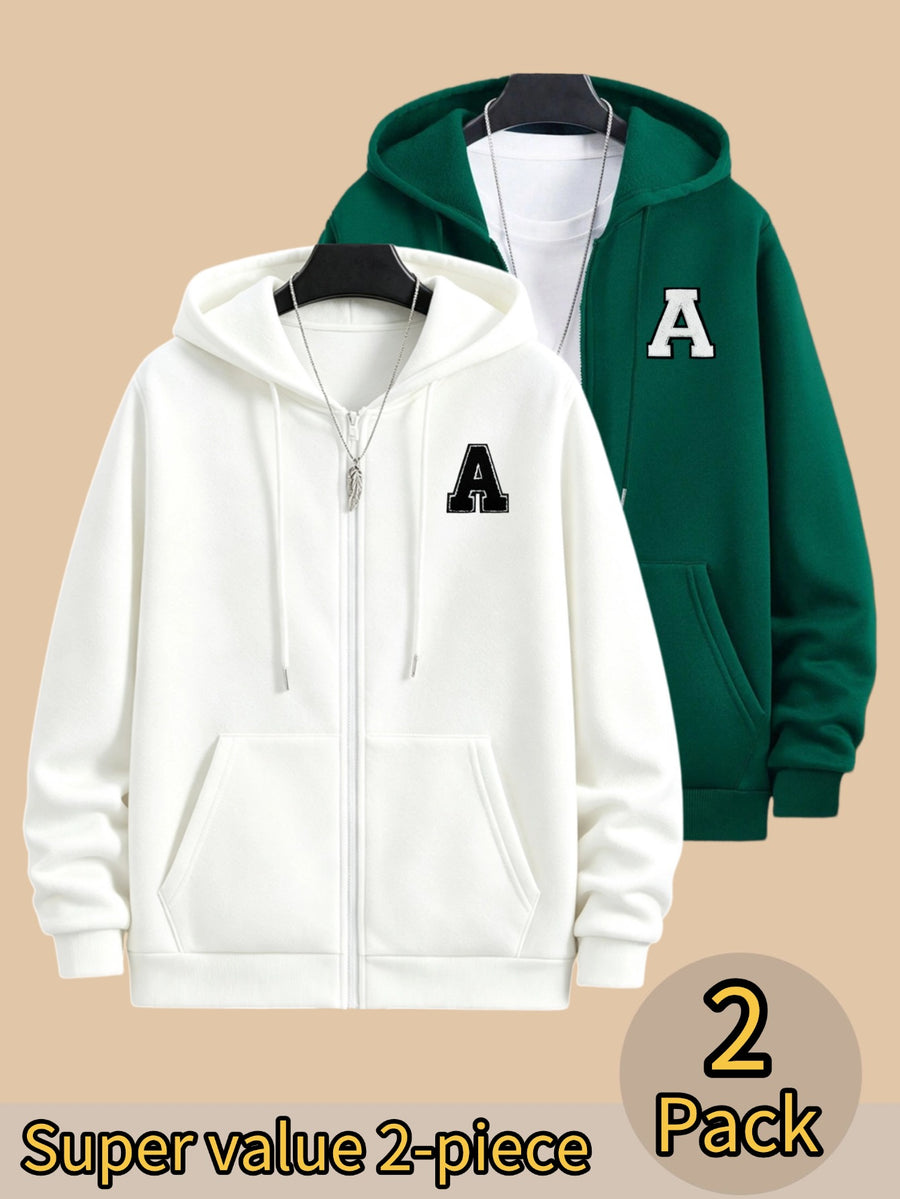 50% Cotton, 50% Polyester, 2-Pack Men's Zippered Hooded Fleece-Lined Sweatshirt, Men's Clothing, Long-Sleeve Fleece Jacket, Zippered Top, Hooded Sweatshirt, Pockets, Drawstring, Suitable for Outings, Casual Wear, Back-to-School Season - White+Dark Green