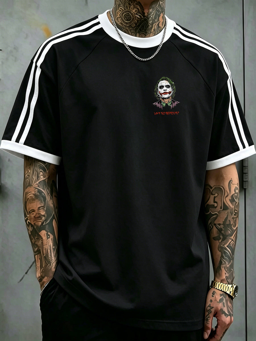 Warner Bros Official American Dark Style Drop-Shoulder Pure T-Shirt, Exquisite Hand-Painted Texture Green-Haired Joker Street Vibe Loose Fit Top, Double-Sided Front and Back Print, Men's 100% Pure Versatile Sporty Casual Style Summer Short-Sleeve - Black