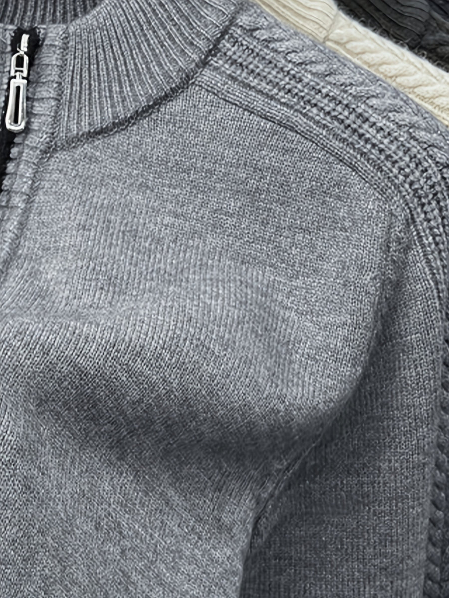 Men'S Thickened Semi-Open Zipper Stand Collar Knit Sweater, Ribbed Cuffs And Hem, Autumn/Winter Style, Single Wear And Layering, Light Mature Business Casual Style - Medium Gray