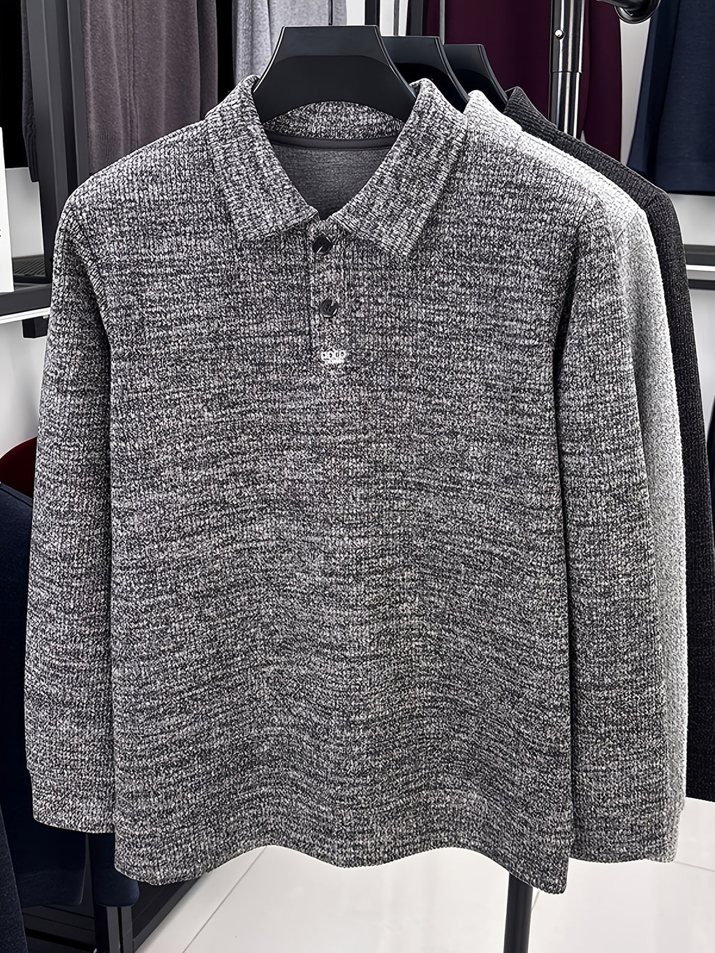 Men's Multi-Color Floral Yarn Lapel Polo Knit Shirt for Autumn, Long Sleeve Thick Pullover Top with Textured Finish, Suitable for Business Commuting, Business Trips & Parties, Daily Home Wear, and Casual Layering - Mist Rock Hemp Ash Gray