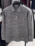 Men's Multi-Color Floral Yarn Lapel Polo Knit Shirt for Autumn, Long Sleeve Thick Pullover Top with Textured Finish, Suitable for Business Commuting, Business Trips & Parties, Daily Home Wear, and Casual Layering - Mist Rock Hemp Ash Gray
