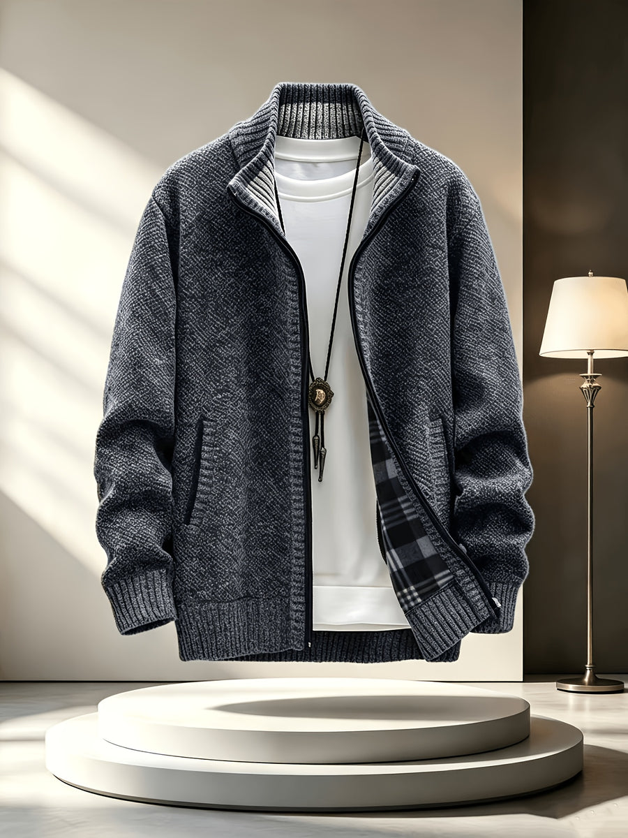 Men'S Stand Collar Zip-Up Knitted Cardigan for Fall Winter, Solid Color Long Sleeve Fleece Lined Casual Sweater Coat, Slim Fit And Versatile for Daily Wear - Dark Gray
