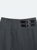 [Development ZD260112084] Women's Casual Cropped Pleated Skirt with Decorative Accessory Buckle (Lined) - Grey
