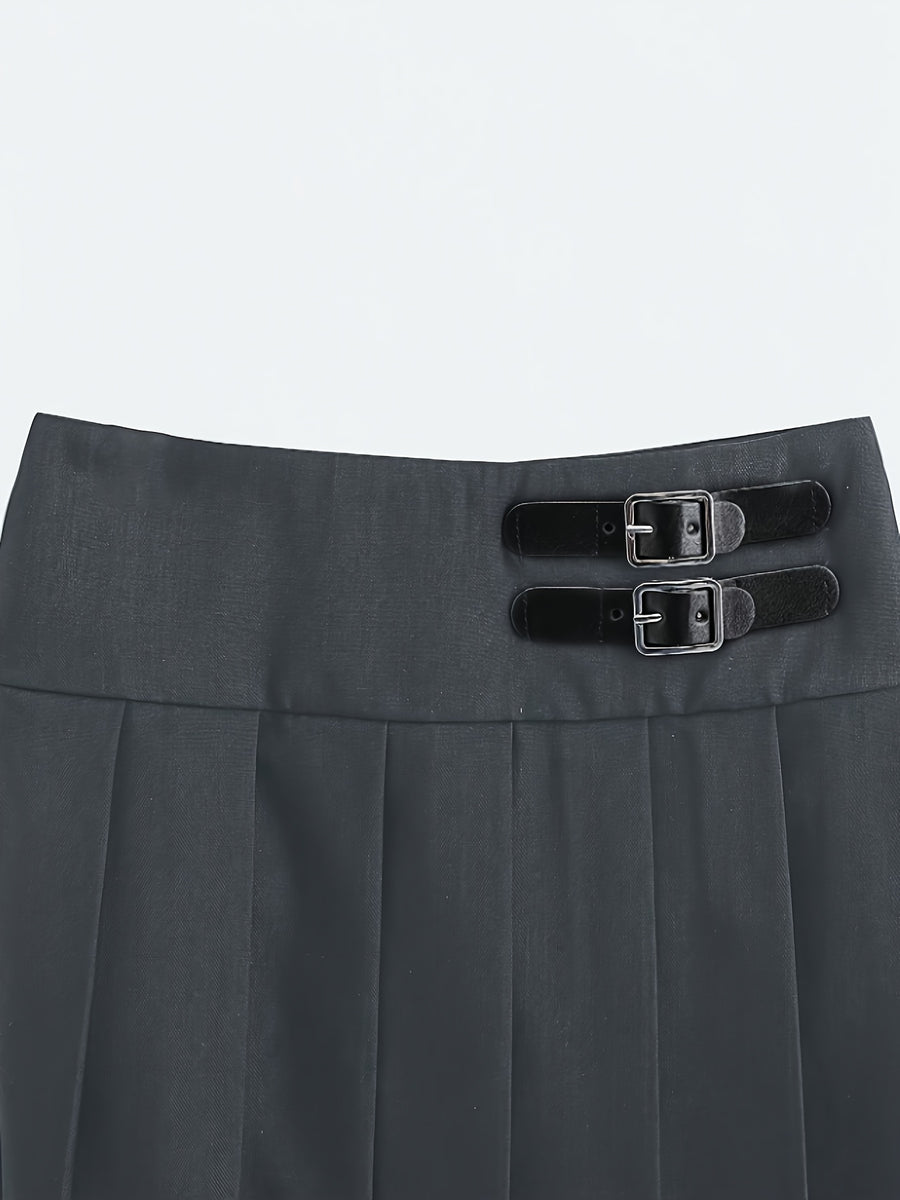 [Development ZD260112084] Women's Casual Cropped Pleated Skirt with Decorative Accessory Buckle (Lined) - Grey
