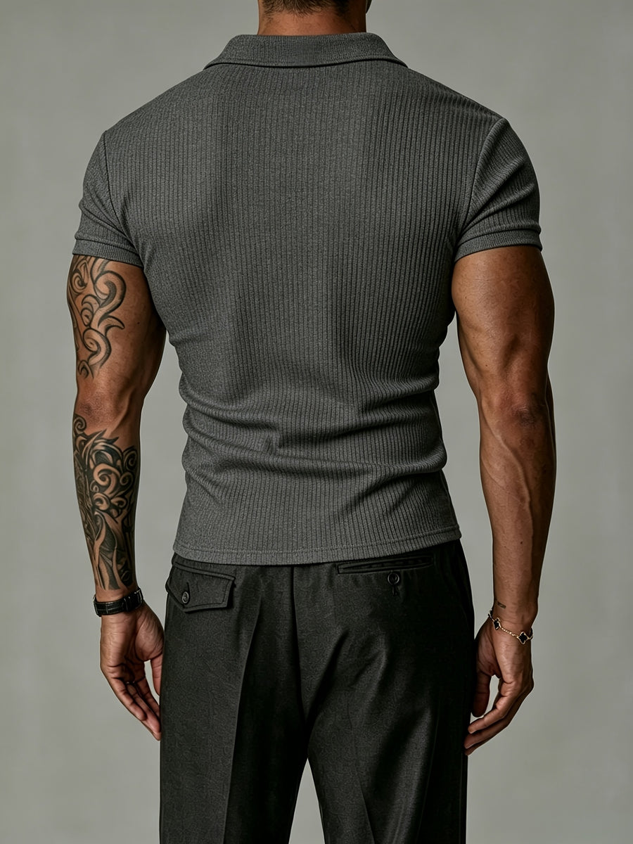 2pcs Mixed Pc Men'S Summer Easy Solid Henley Short Sleeve T-Shirts Classic Lapel And 7-Button Design High-Elastic Skin-Friendly Ribbed Polo Shirt Moisture-Wicking Breathable Base Layer Suitable for Outdoor Sports And Casual Wear Multi-Color Combinat - Black+dark Gray