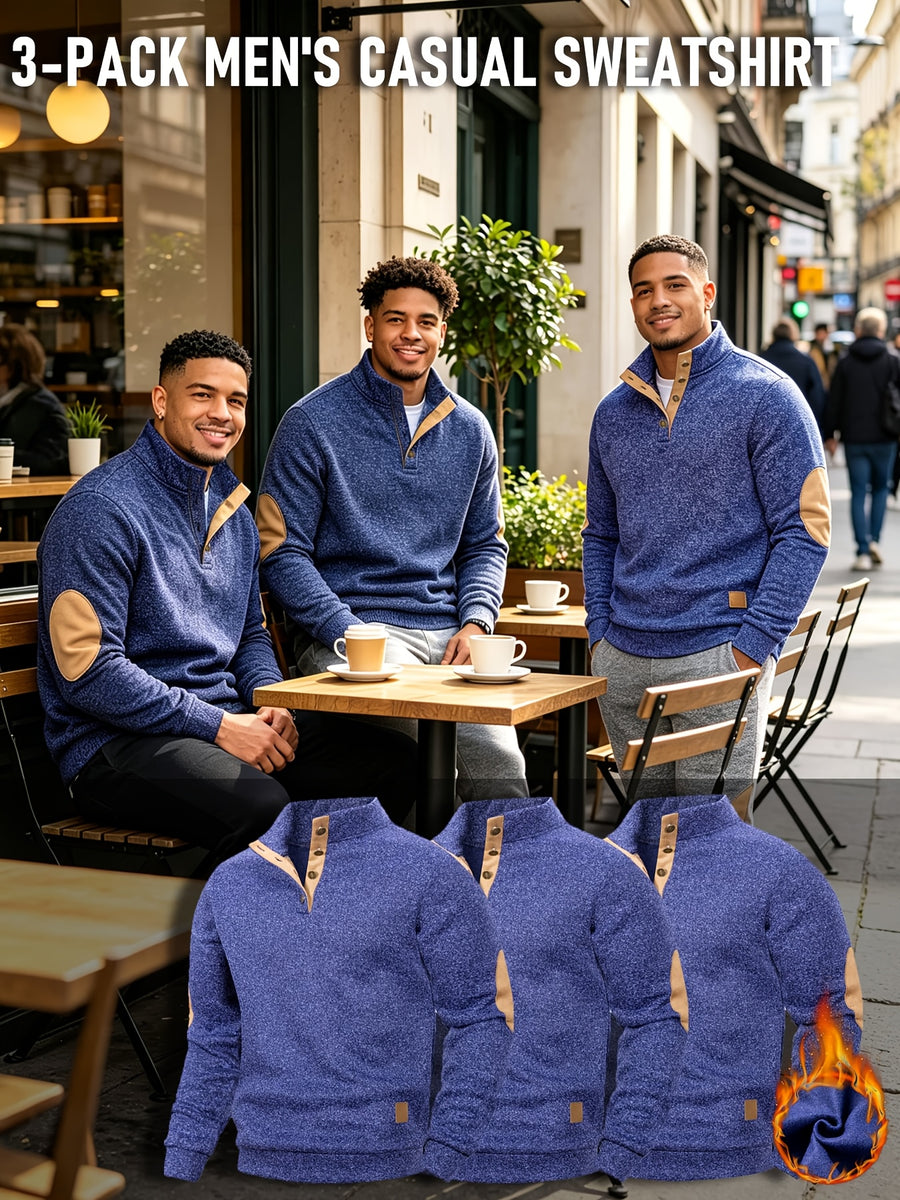 [Back-to-School Season] 3pcs - Men's Casual Long-Sleeve Pullover, Solid Color Long-Sleeve for Daily Outings, Commuting, and Back-to-School, Vintage Casual Autumn/Winter Regular Fit Versatile Style, Multi-pc, Stand Collar Lined for Warmth with Elbow - Navy Blue + Navy Blue + Navy Blue