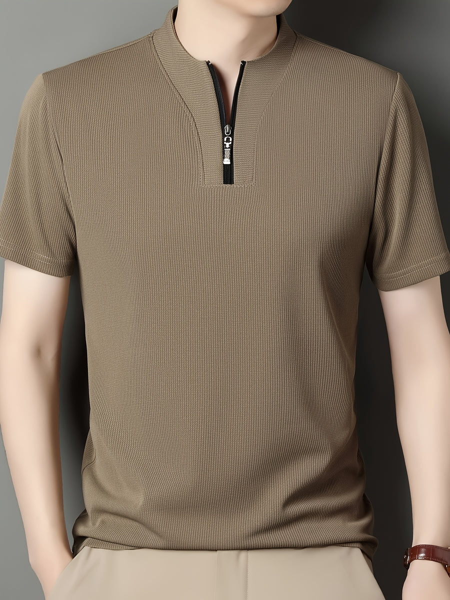 SaXing OBM New Spring/Summer Men's Polo Shirt, Solid Color Textured Ribbed Cable Knit Half-Placket Zipper Style Stand Collar Short Sleeve T-Shirt, Men's Business Casual Fashionable Breathable Versatile Henley Knit Pullover Base Layer Top - Khaki