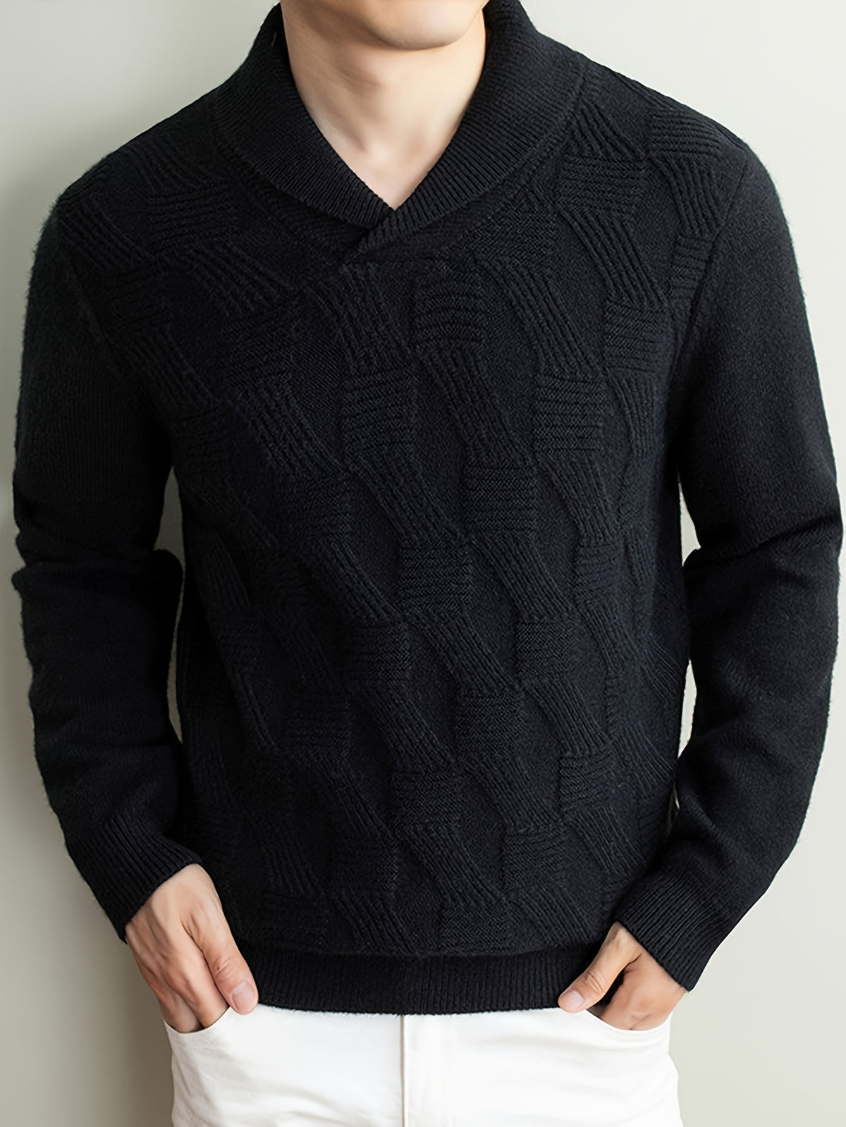 Men'S Seagull Collar Jacquard Knit Sweater, Excellent Warmth, Suitable for Autumn And Early Winter Wear. - SINBOS - Black