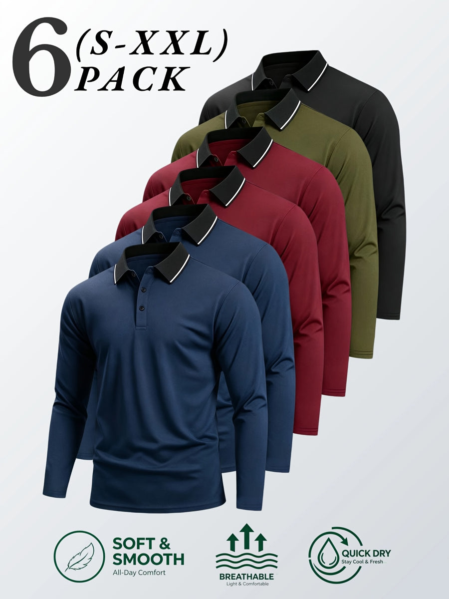 6pcs/Set Striped Lapel Long Sleeve Casual Sports Mesh Quick-Dry Breathable Comfortable POLO Shirt Basic Solid Color - Navy Blue 2+Red 2+Green+Black