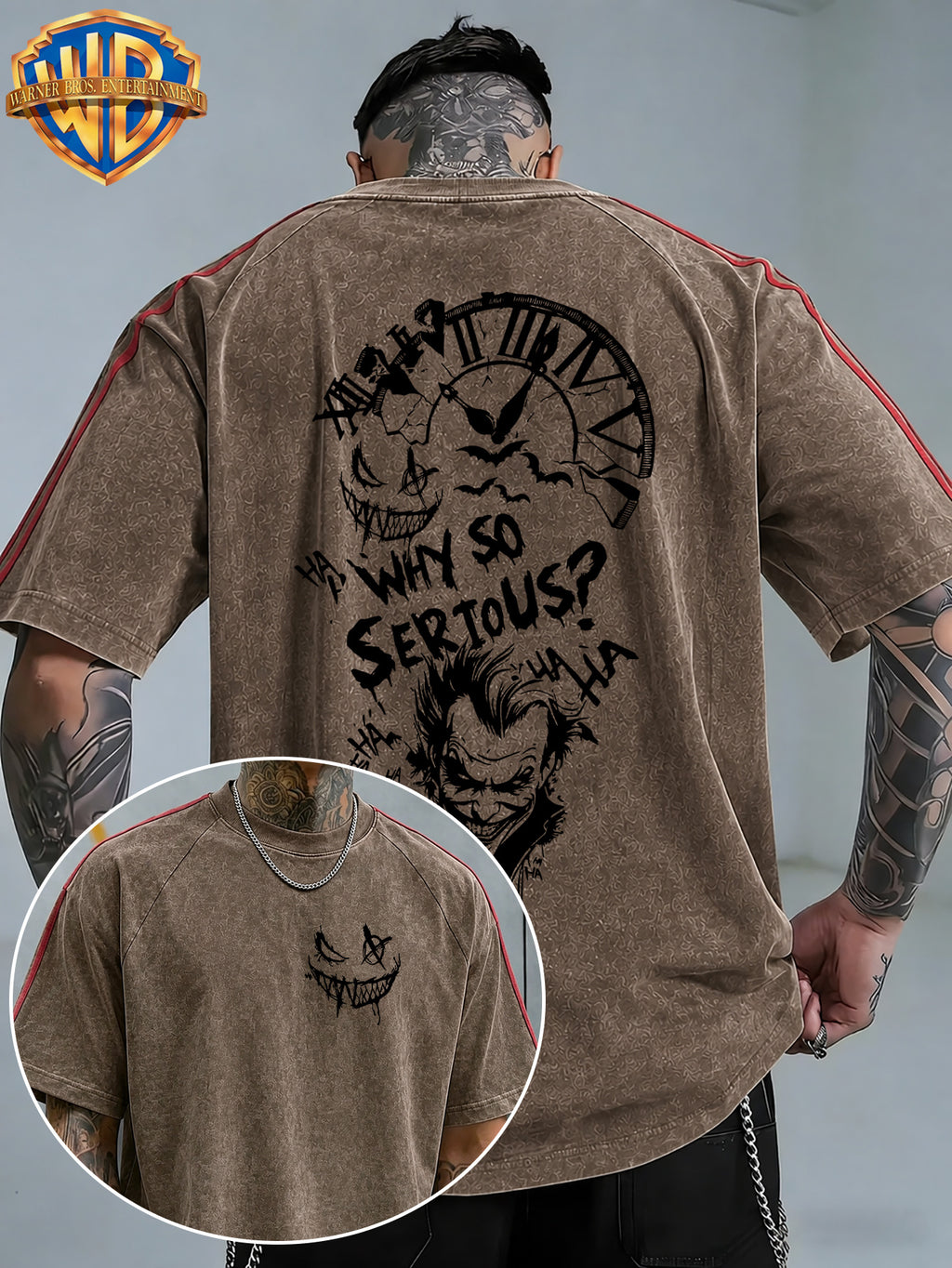 WB Warner Bros. Official License, American Dark Punk Hand-Drawn Creation, Classic Joker Quote with Bat Elements Retro Atmosphere T-Shirt, Men'S Loose Retro Street Casual Short Sleeve Top - Coffee Color