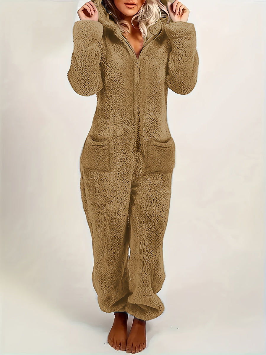 New Autumn/Winter Women's Solid Color Fashionable Warm Double-Sided Jumpsuit, Casual and Versatile Commuter Romper for Women - Linen