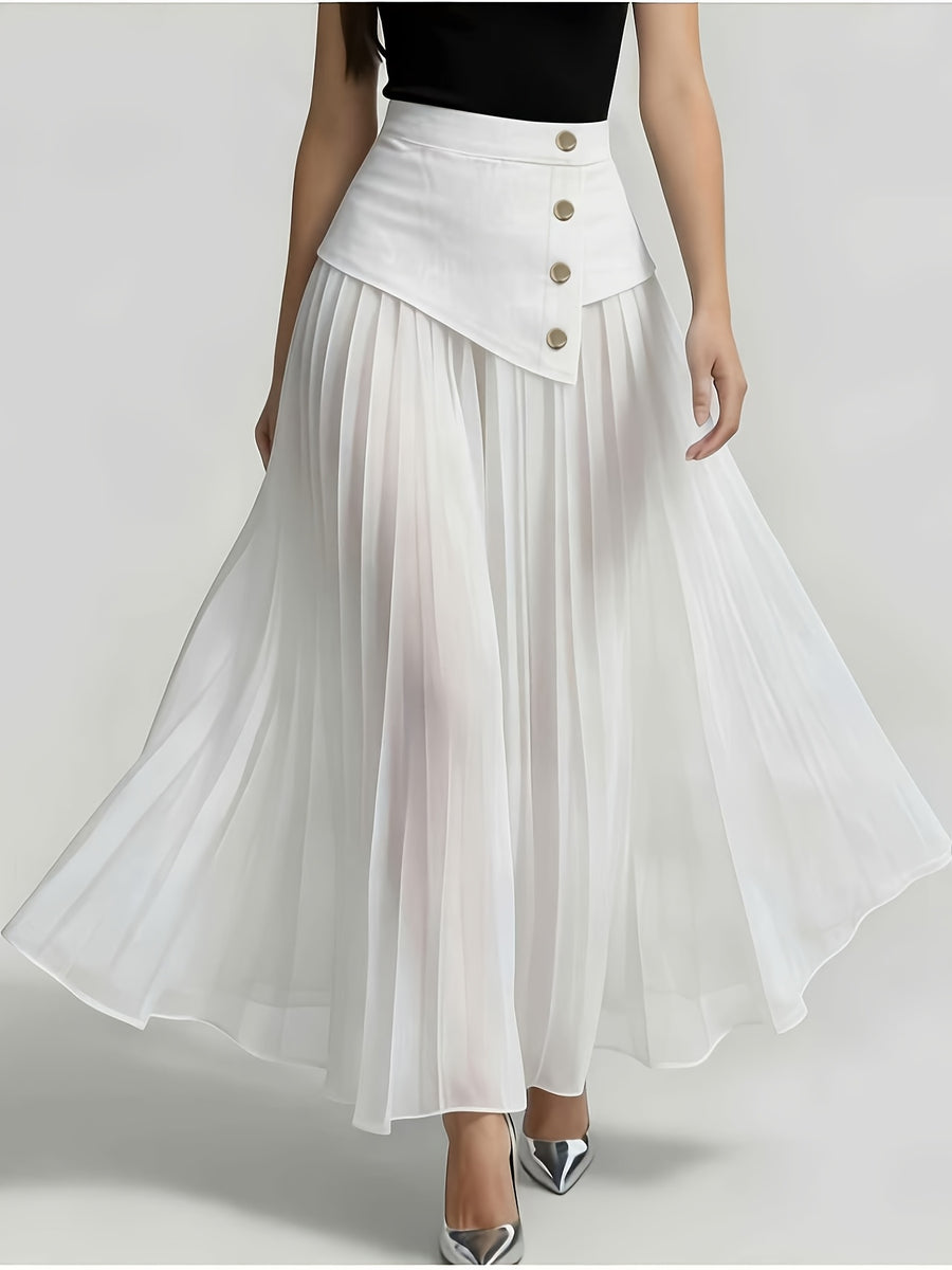 [Printed Skirt - Not Faux Denim Fabric]Temperament Commuter Imitation Faux Denim Patchwork Half Skirt, High-Waist Mesh Pleated Flared Long Dress Spring Summer Versatile Style Kydx - White