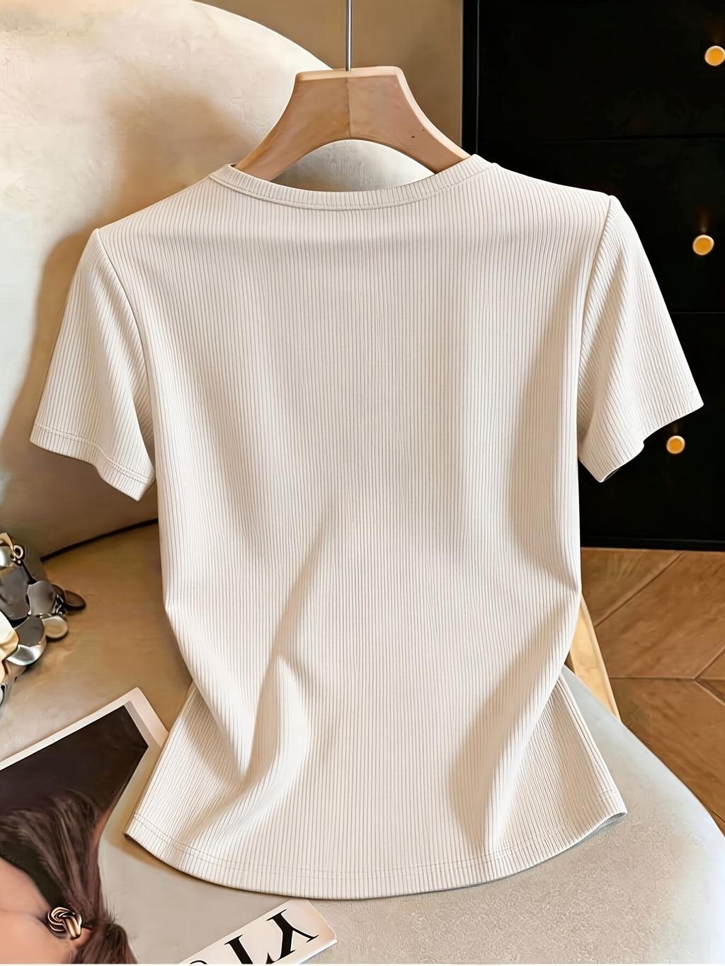 Women'S Summer Sexy Fitted Round Neck Metallic Embellished Hollow-Out Elegant Vacation Travel Short Sleeve T-Shirt - Khaki