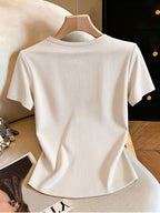 Women'S Summer Sexy Fitted Round Neck Metallic Embellished Hollow-Out Elegant Vacation Travel Short Sleeve T-Shirt - Khaki