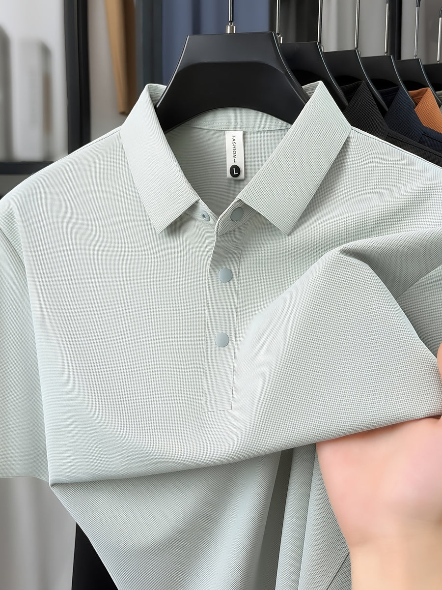 SaXing OBM New Spring/Summer Men's Polo Shirt, Old Money Style Textured Waffle Knit Solid Color Contrast Seamless Half-Placket Single-Breasted Lapel Short-Sleeve T-Shirt, Men's Fashionable Versatile Pullover Base Layer Top with Split Hem Design - Light Green
