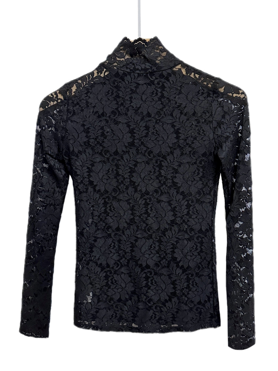 Lace Mock Neck Slim Top, Sexy Long Sleeve Top For Spring & Fall, Women's Clothing - Black