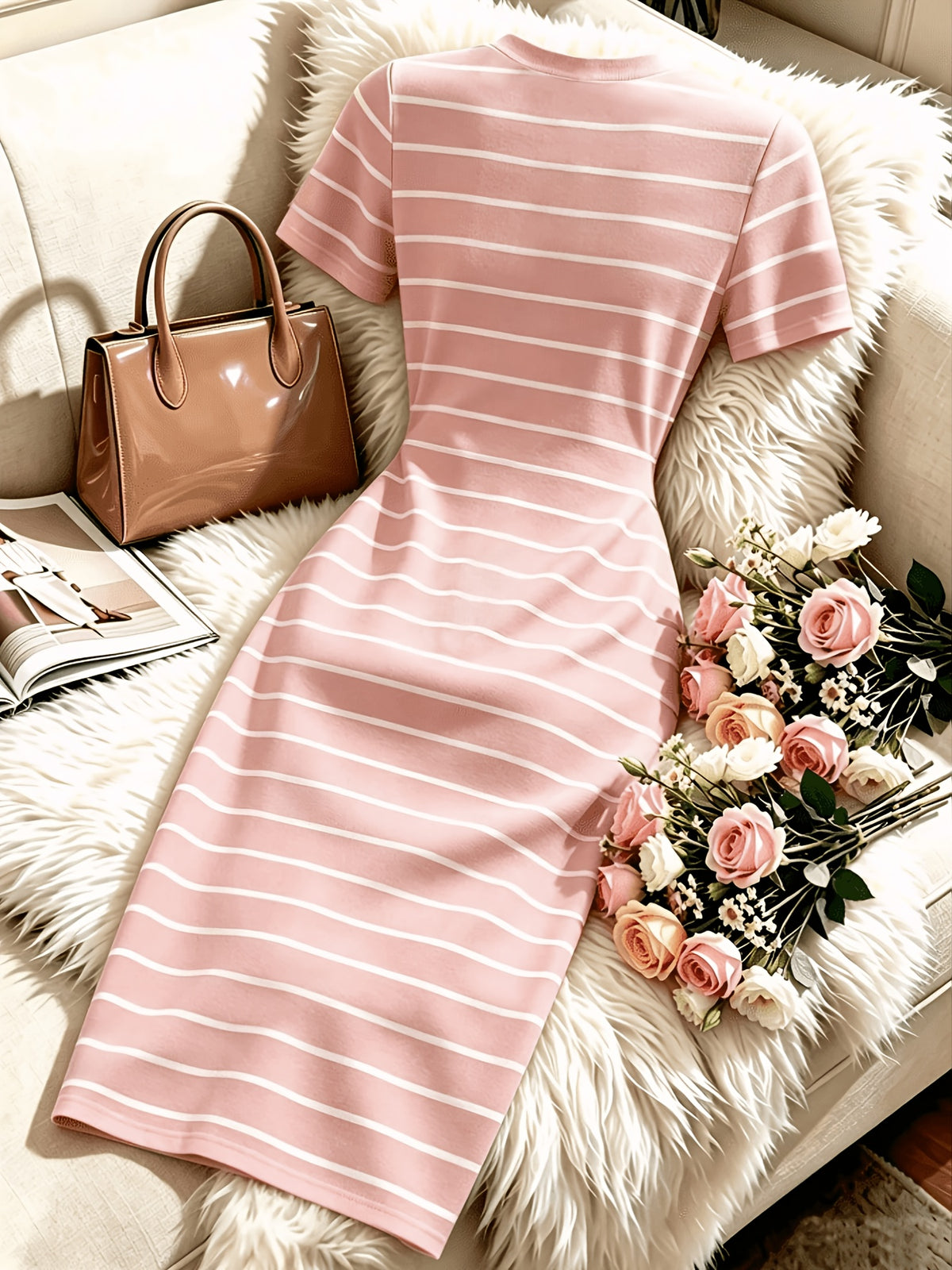 Women'S New Black And White Striped Round Neck Short Sleeve Slim Waist-Cinching Mid-Length Dress - Pink Stripes