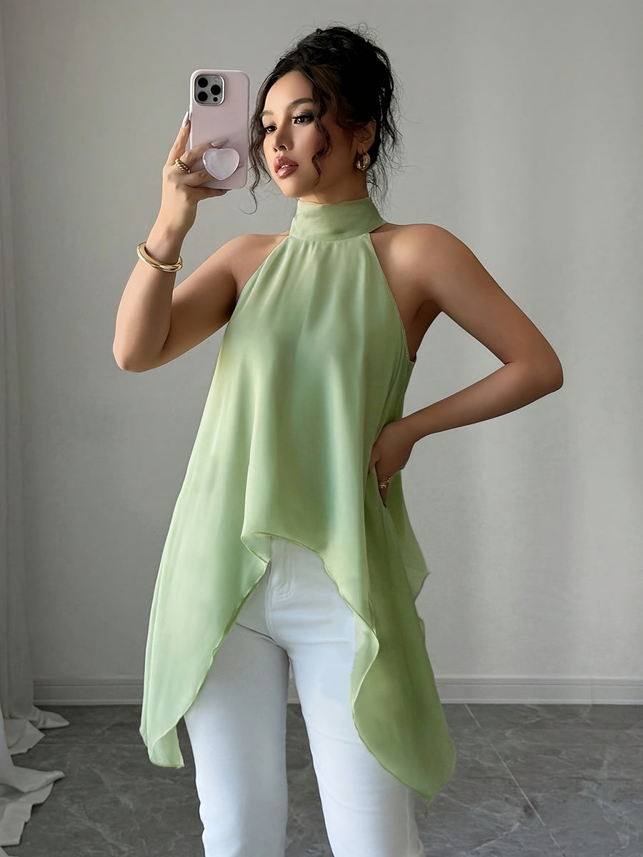 Spring-Summer Elegant Fashion Design Halter Tie-Neck Shirt - Light Green