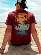 Men'S 100% T-Shirt, Orange-Green Gradient Vintage SUNSETS Coconut Tree Reflection Front And Back Print Design, Casual Trendy Streetwear Sports Short-Sleeve T-Shirt Summer New Arrival, Round Neck Short-Sleeve Summer Top, Casual Street Style - Burgundy