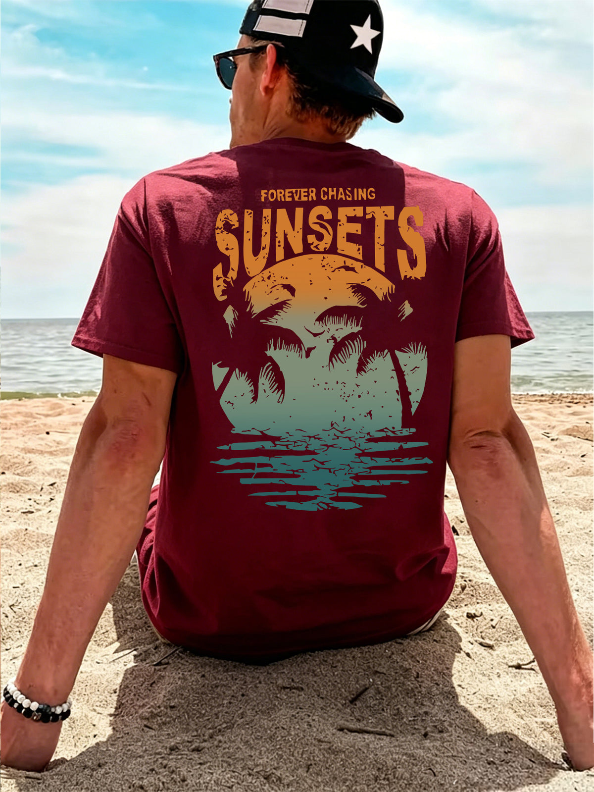 Men'S 100% T-Shirt, Orange-Green Gradient Vintage SUNSETS Coconut Tree Reflection Front And Back Print Design, Casual Trendy Streetwear Sports Short-Sleeve T-Shirt Summer New Arrival, Round Neck Short-Sleeve Summer Top, Casual Street Style - Burgundy