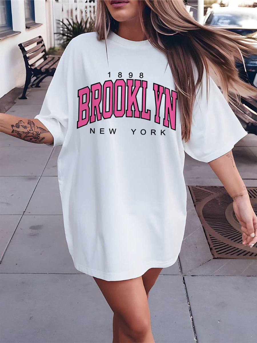 Graphic Print Drop Shoulder T-Shirt, Short Sleeve Crew Neck Casual Top for Spring & Summer, Women'S Clothing - White