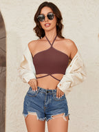 Women's Neckhalter Crop Tops Sexy Y2K Shirts with Cross Straps Waistline No Padded Bra Tops Lingerie - Coffee Brown