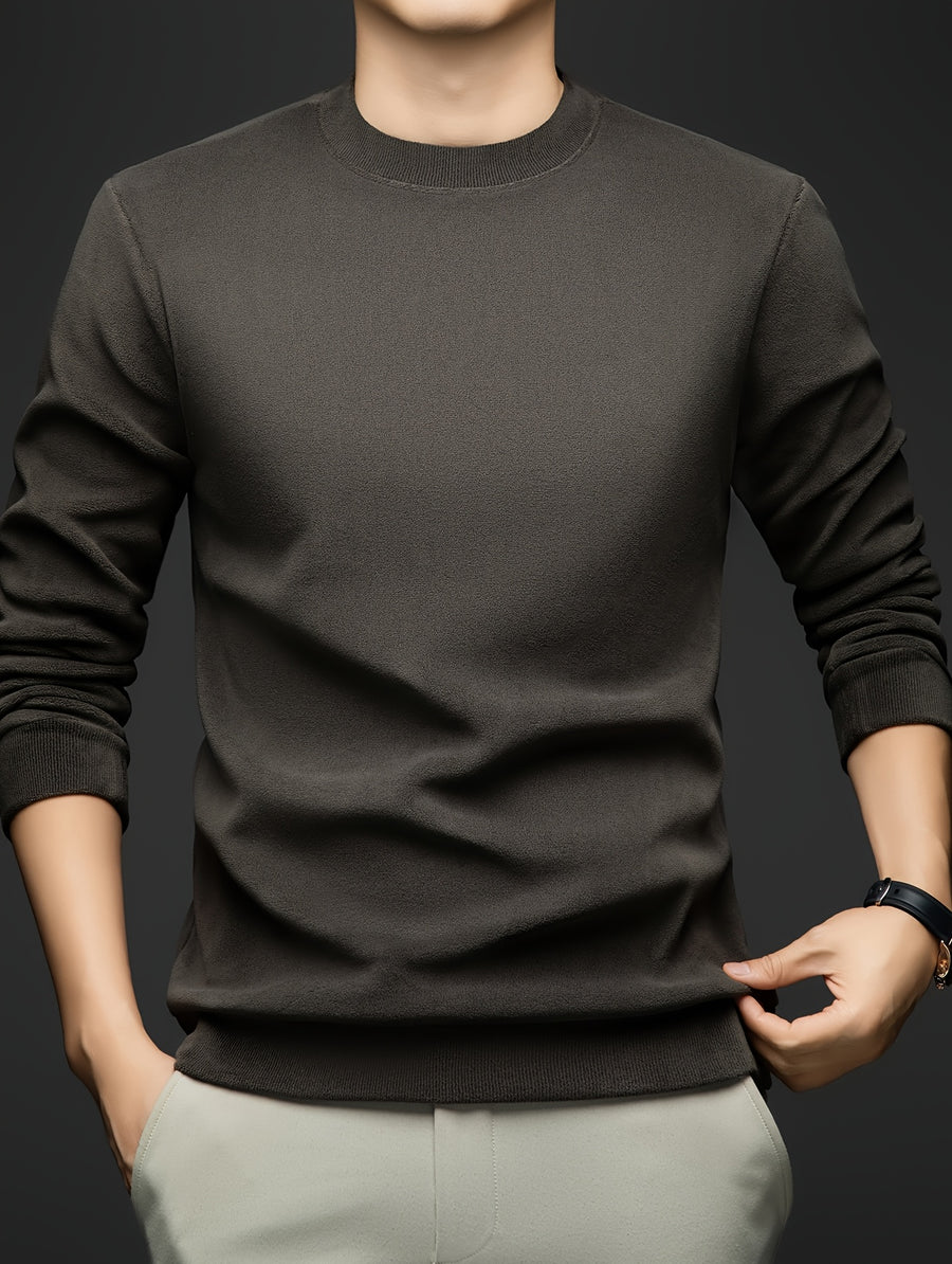 Autumn/Winter Men's -Lined Thickened Warm Base Layer Shirt, Crew Neck Long Sleeve T-Shirt, Solid Color Stretchy Inner Layer Casual Sweatshirt Top - Green