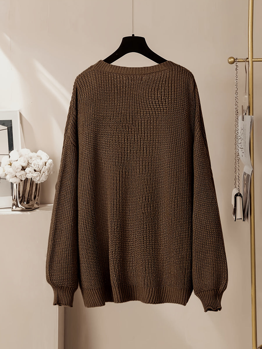 Plus Size, New Autumn/Winter Plus Size Women's Casual Round Neck Irregular Drawstring Sweater Fashion Long Sleeve Top - Coffee Color