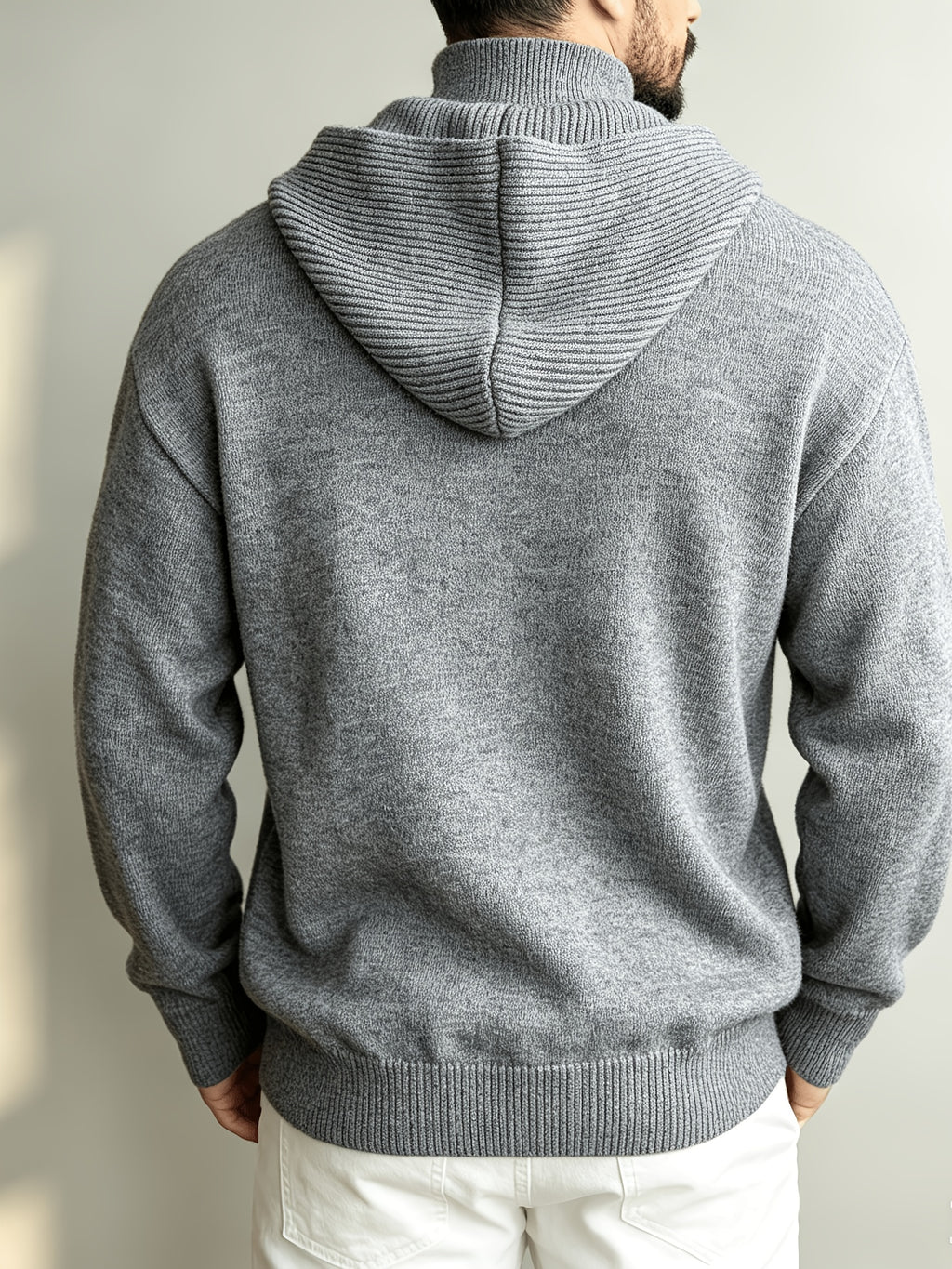 Autumn/Winter Men's 2-in-1 Look Hooded Knit Sweater, Half-Zip High Neck Design with Overlay Button Placket, Fine, Soft, and Skin-Friendly Fabric, Regular Fit for Slimming and Concealing. A Versatile Top for Casual and Daily Commutes, a Warm - Light Grey