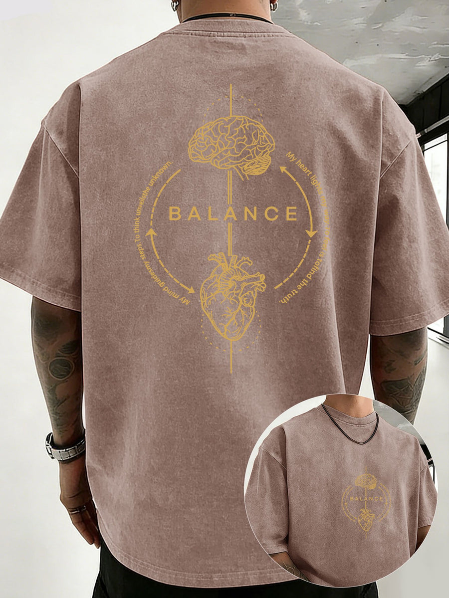 Men's 100% Cotton Washed Distressed Crew Neck Short-Sleeve T-Shirt, Balance Brain Heart Graphic Double-Sided Print, Trendy Loose Casual Tee Tops, 12 Colors Available - Brown