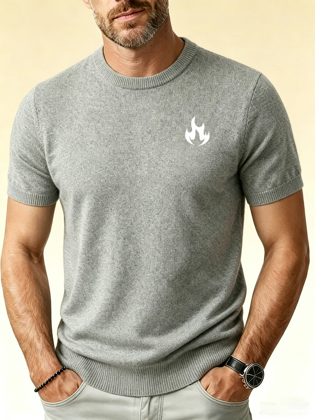 Men's Crew Neck Short Sleeve Knit Shirt with Small Flame Print - Base Layer Top, Casual Suitable for Casual Attire, Machine Washable, Non- -Compatible for Outfits - Grey
