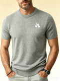 Men's Crew Neck Short Sleeve Knit Shirt with Small Flame Print - Base Layer Top, Casual Suitable for Casual Attire, Machine Washable, Non- -Compatible for Outfits - Grey