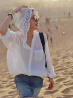 Elegant Special Women'S Solid Lace Patchwork Sheer Hooded Blouse - White