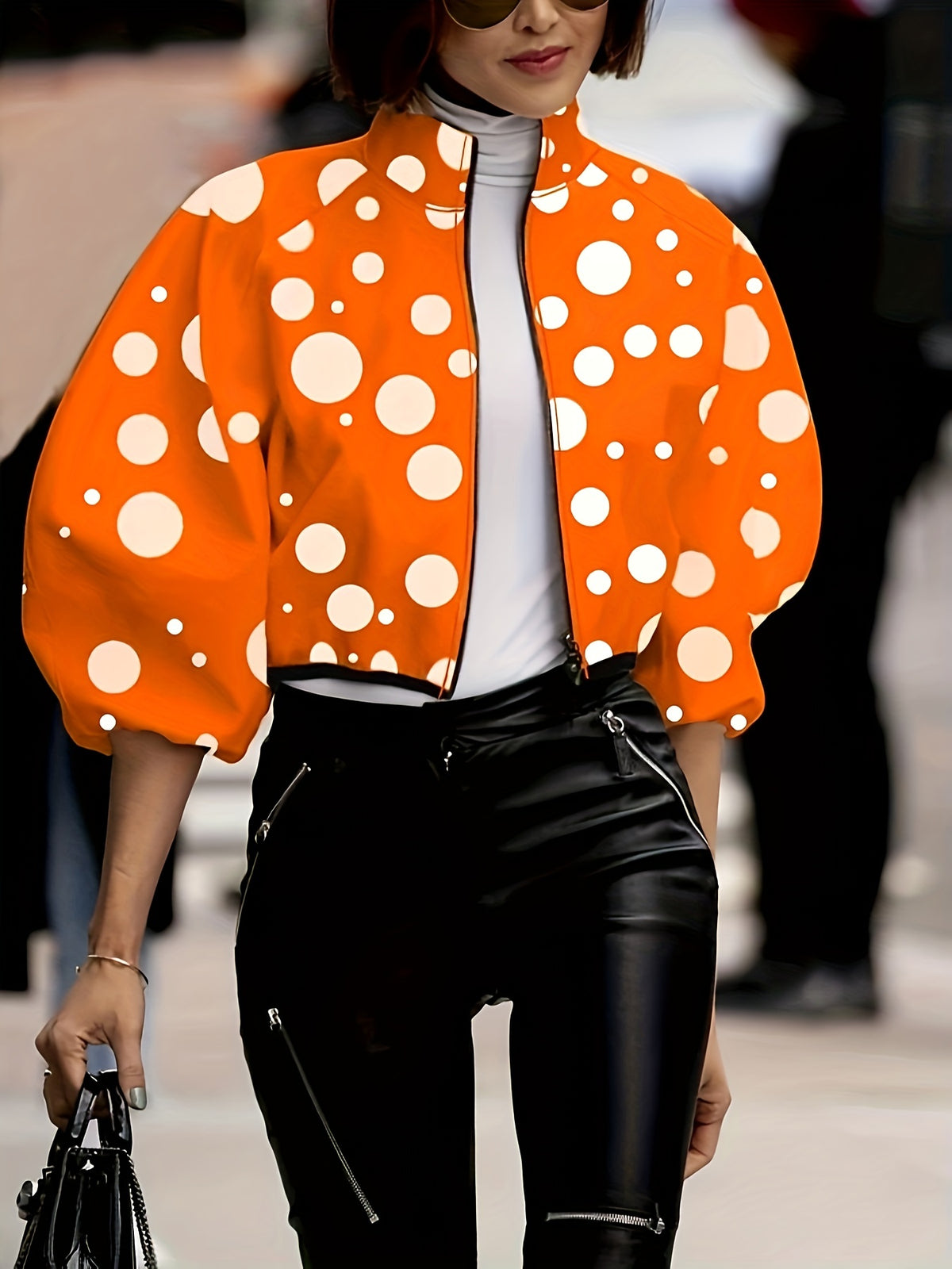 LN955 Autumn New Print Zipper Long Sleeve Women's Casual Short Jacket - Orange