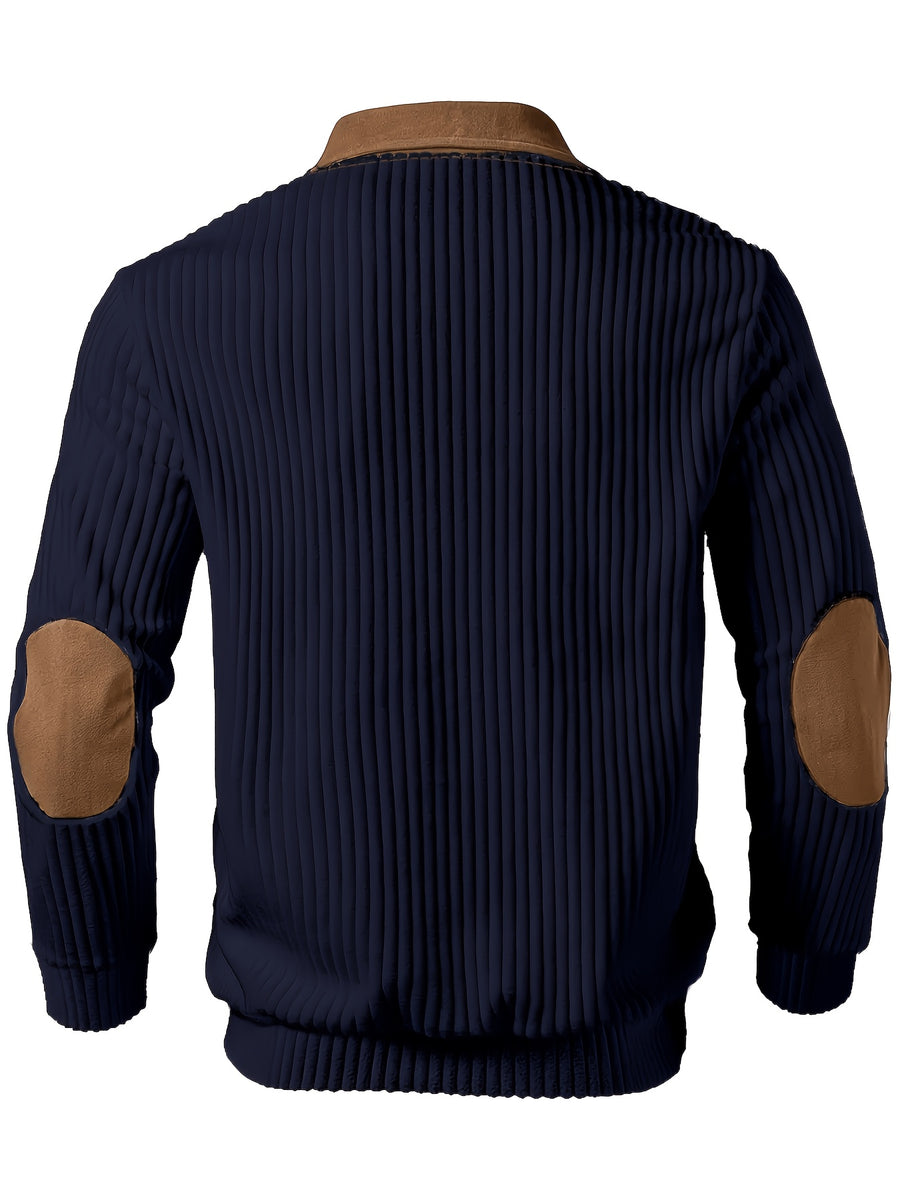 New Christmas Men's Autumn/Winter Brushed Ribbed Cable Knit Sweater, Casual Color-Block Long Sleeve Patchwork Plush Sport Henley Zip-Up Top - Navy Color