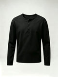 Henley Collar Long Sleeve Cover-Up, T-Gauge Knit Bamboo Rayon Rayon Texture Fabric, Lightweight Breathable Casual Top - Black