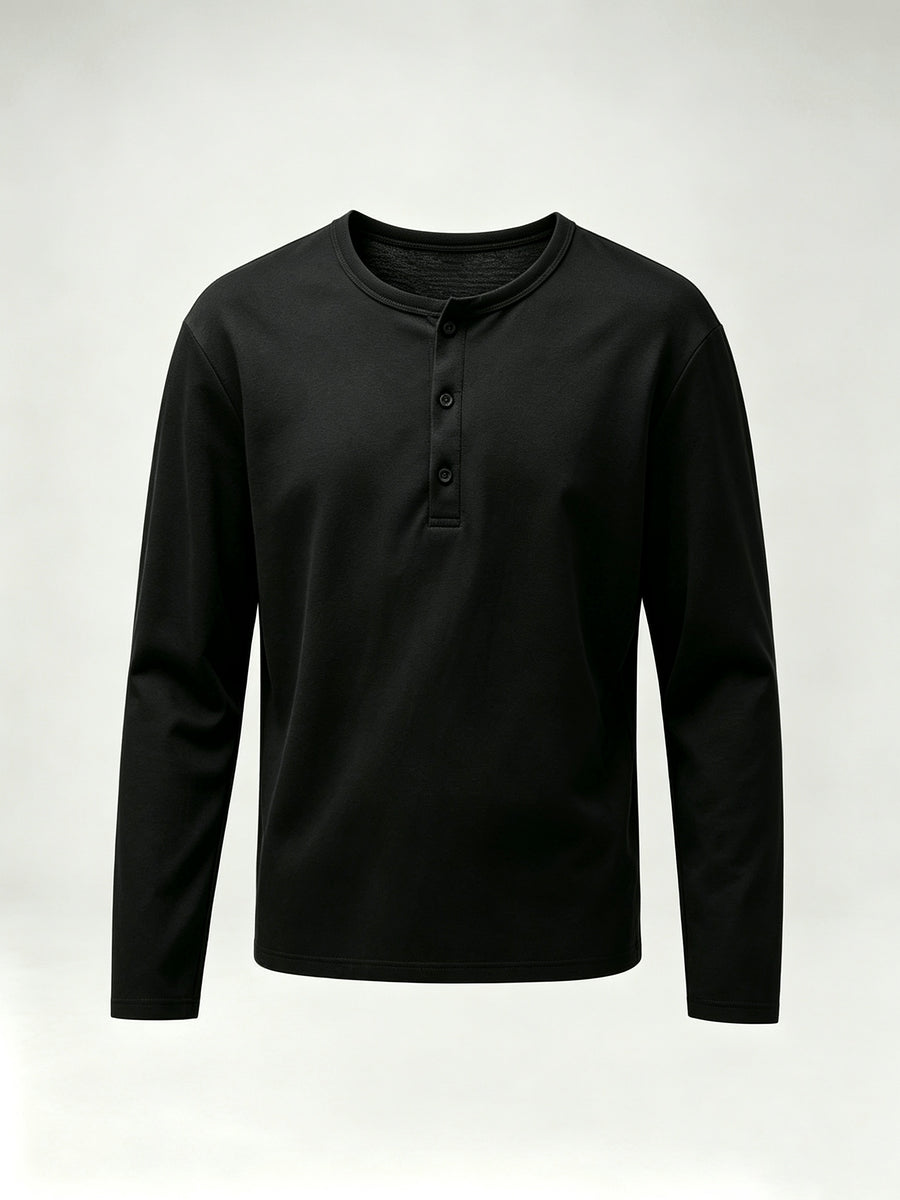 Henley Collar Long Sleeve Cover-Up, T-Gauge Knit Bamboo Rayon Rayon Texture Fabric, Lightweight Breathable Casual Top - Black