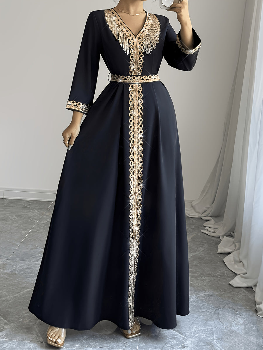 2026 New Abaya Robe Style Kimono Sleeve Long Dress V-Neck Caftan Robe Wrap Style Front Panel High Waist Empire Line Floor Length Dress Golden Lace Trim Sequined Embroidery Golden Bead Trim Golden Contrast Ruffle Tie Waist Skirt Muslim Fashion Arabic - Black