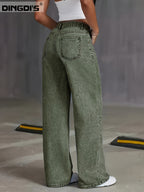 New Women's Stretch Wide-Leg Jeans, Loose Straight-Leg Denim Pants, Acid-Washed Denim Fabric Trousers with Pockets, Comfortable Green Waist-Defining Pants - Green