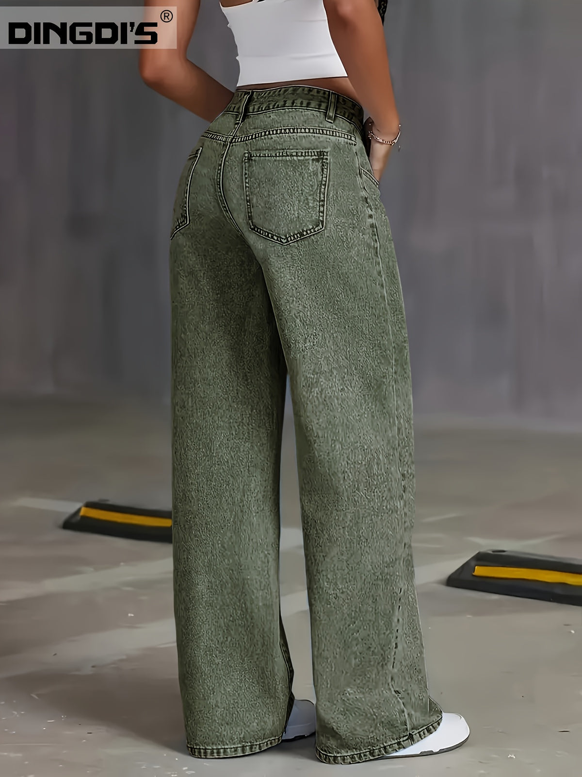New Women's Stretch Wide-Leg Jeans, Loose Straight-Leg Denim Pants, Acid-Washed Denim Fabric Trousers with Pockets, Comfortable Green Waist-Defining Pants - Green