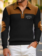 Men'S Fashion Long-Sleeve Polo, Casual Textured Ribbed Sweatshirt, Polo Collar Zipper Design Contrast Color Long-Sleeve Men'S Casual Knit Sweater - Black