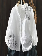 Women'S Literary Retro Embroidered Lapel White Long Sleeve Shirt Summer - White