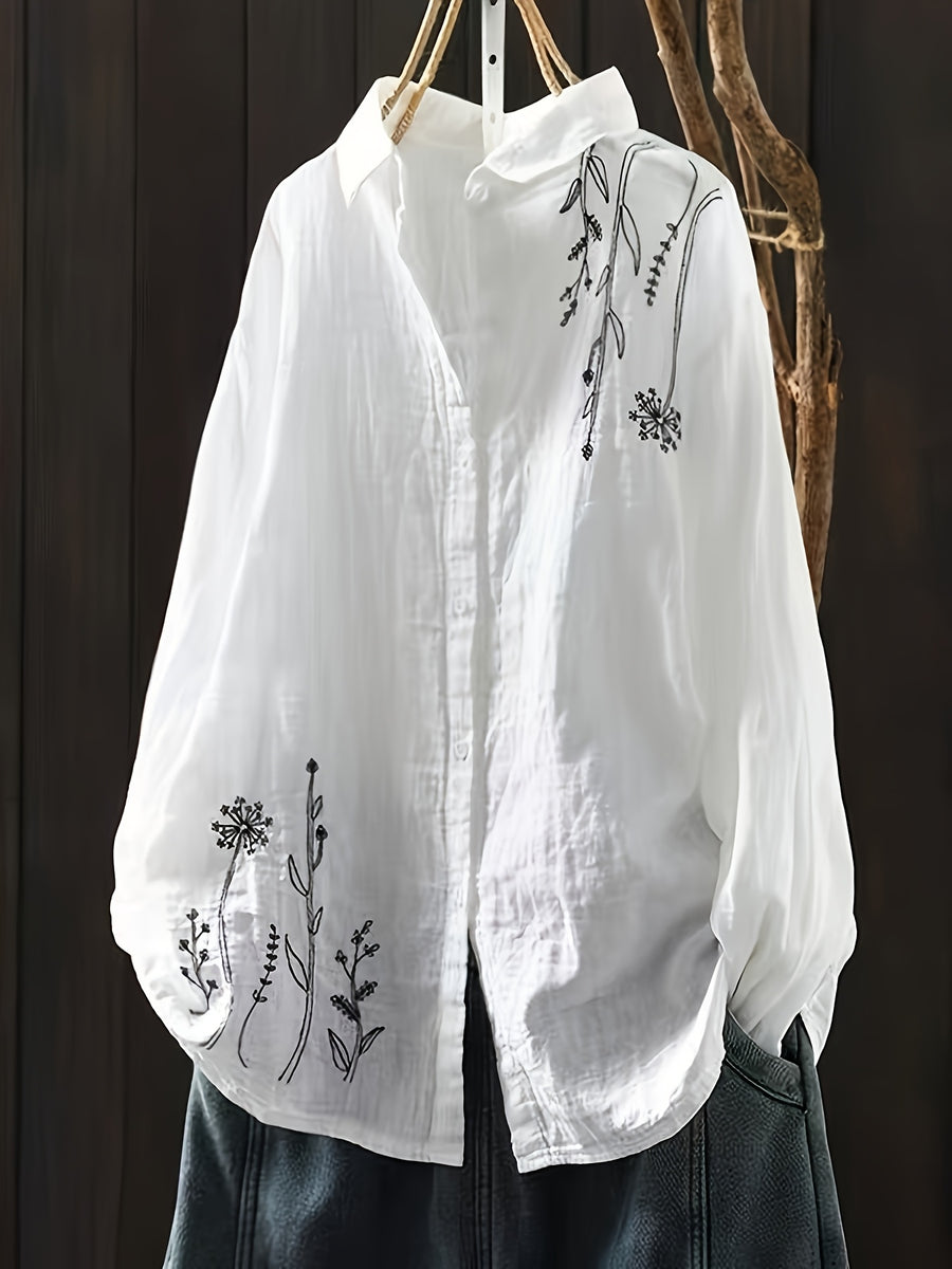 Women'S Literary Retro Embroidered Lapel White Long Sleeve Shirt Summer - White