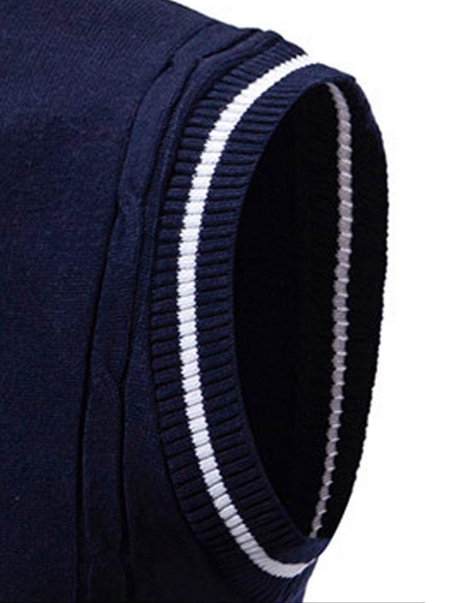 Men's V-neck Knitted Vest, Academic Style Striped Sleeveless Sweater, Spring/Autumn Business Casual Waistcoat - Navy Color
