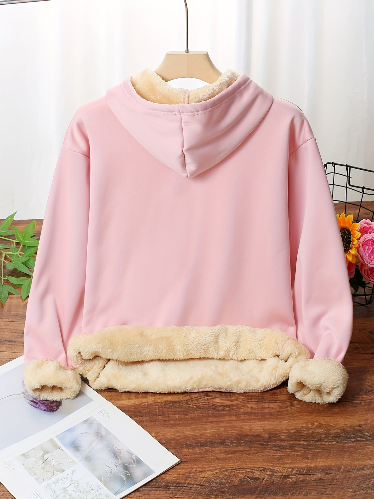 Women'S Home Wear Top [Imitation Print] Women'S Hot Style Heart Bear Print Sweatshirt, Fall Winter Fleece Hooded Warm Sweater, Suitable for Casual Home Wear Drawstring Hooded Sweatshirt - Pink Color