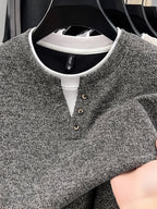 Autumn/Winter New V-Neck Button Design Color-Blocked Spliced Crew Neck Men's Sweater, Thickened Warm Versatile Casual Knitwear, Skin-Friendly and Comfortable, Durable and Breathable Pullover Men's Top BD26806 - Dark Gray