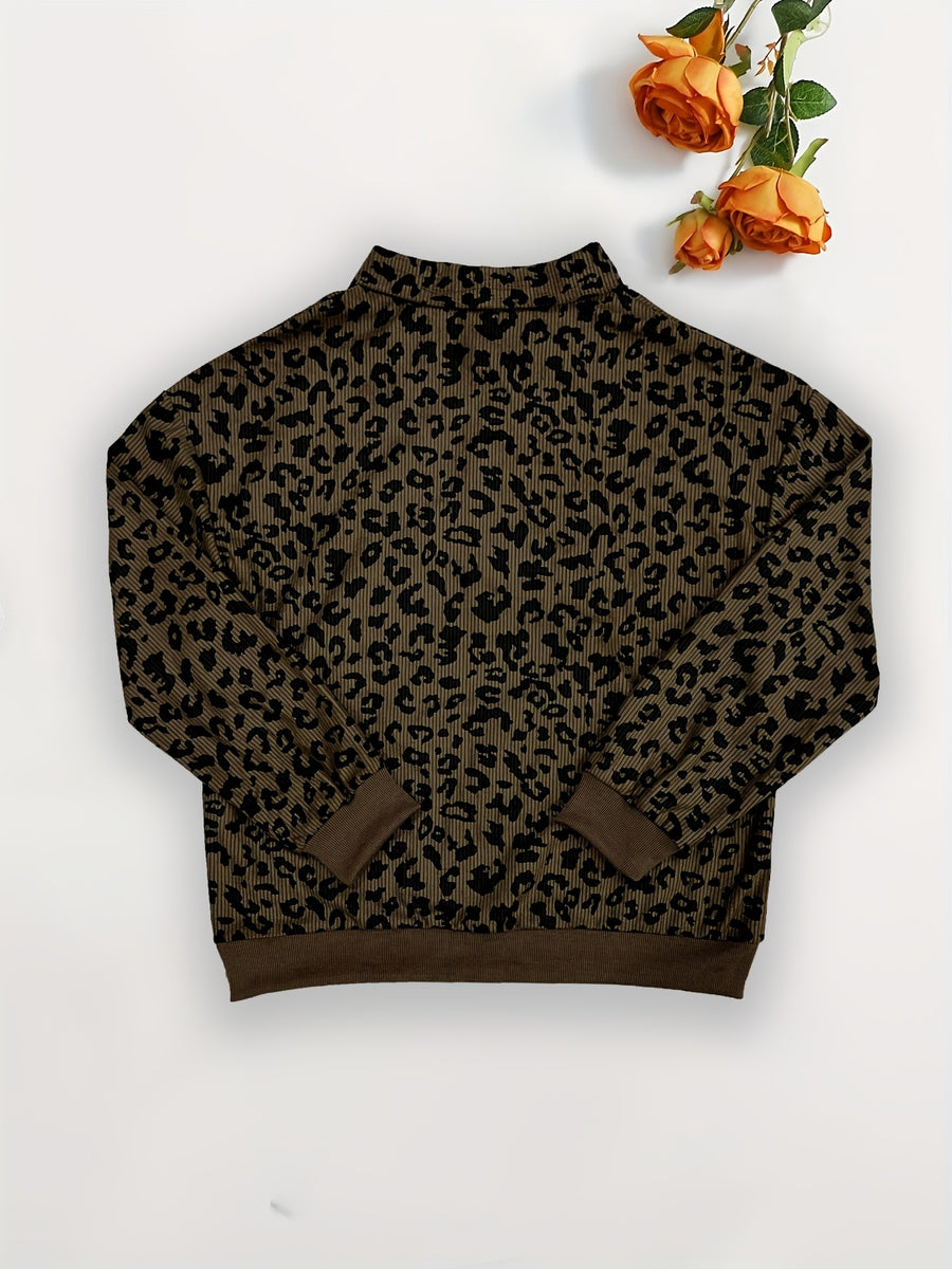Spring/Summer/Autumn Women's Casual Zip-Up Long Sleeve Leopard Print Sweatshirt with Turn- Collar - Dark Brown