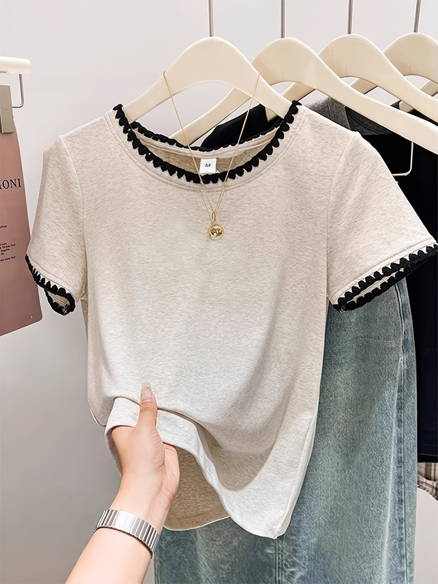 Women'S Summer Clothing New Unique Exquisite Embroidery Lace Short Sleeve T-Shirt Elegant Fashion Contrast Color Short Sleeve Retro Design Niche Top - Flecking Gray