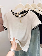 Women'S Summer Clothing New Unique Exquisite Embroidery Lace Short Sleeve T-Shirt Elegant Fashion Contrast Color Short Sleeve Retro Design Niche Top - Flecking Gray